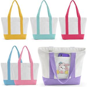 Mini Canvas Tote Bag with Pockets, 12oz Cotton Small Tote Bag with Zipper Reusable Grocery Shopping Bags for DIY
