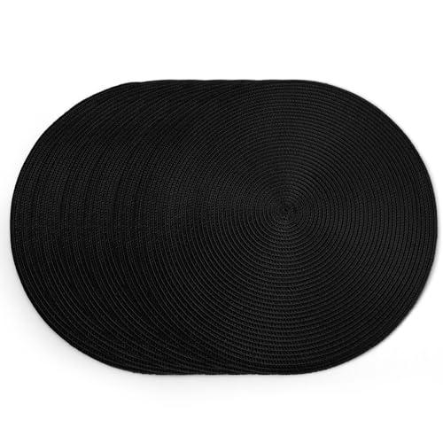 Matiquora 15 Inch Round Braided Placemats Set of 6 Washable Waterproof Heat Resistant Non-Slip Circle Plastic Table Mats for Kitchen Dining Tables Charcoal