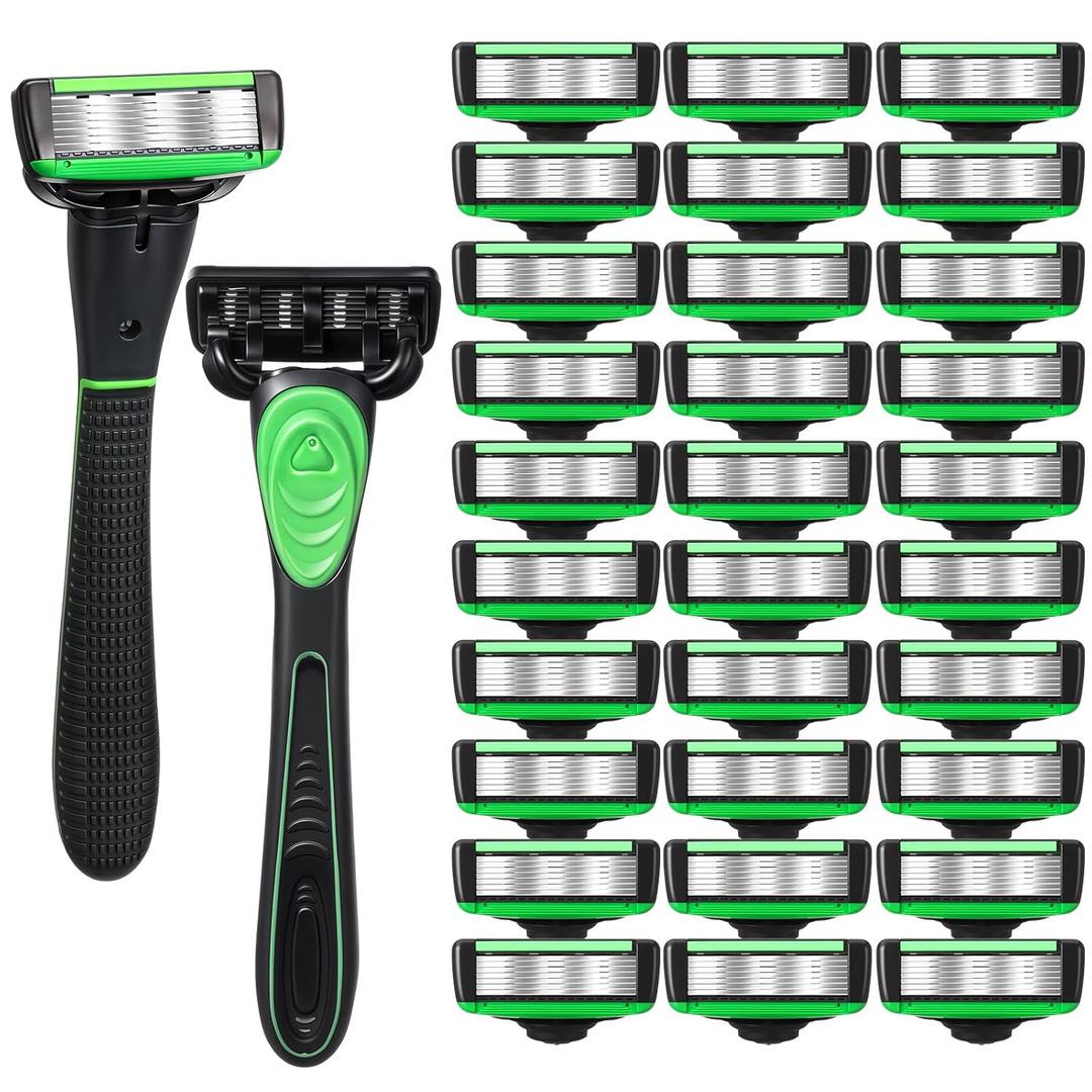 34 Pcs Shaving Kit for Men Disposable Men's Razors Set Refillable 7-blade Razors Travel Shave Set Designed for Sensitive Skin, 2 Handle and 32 Razor Blade Refills