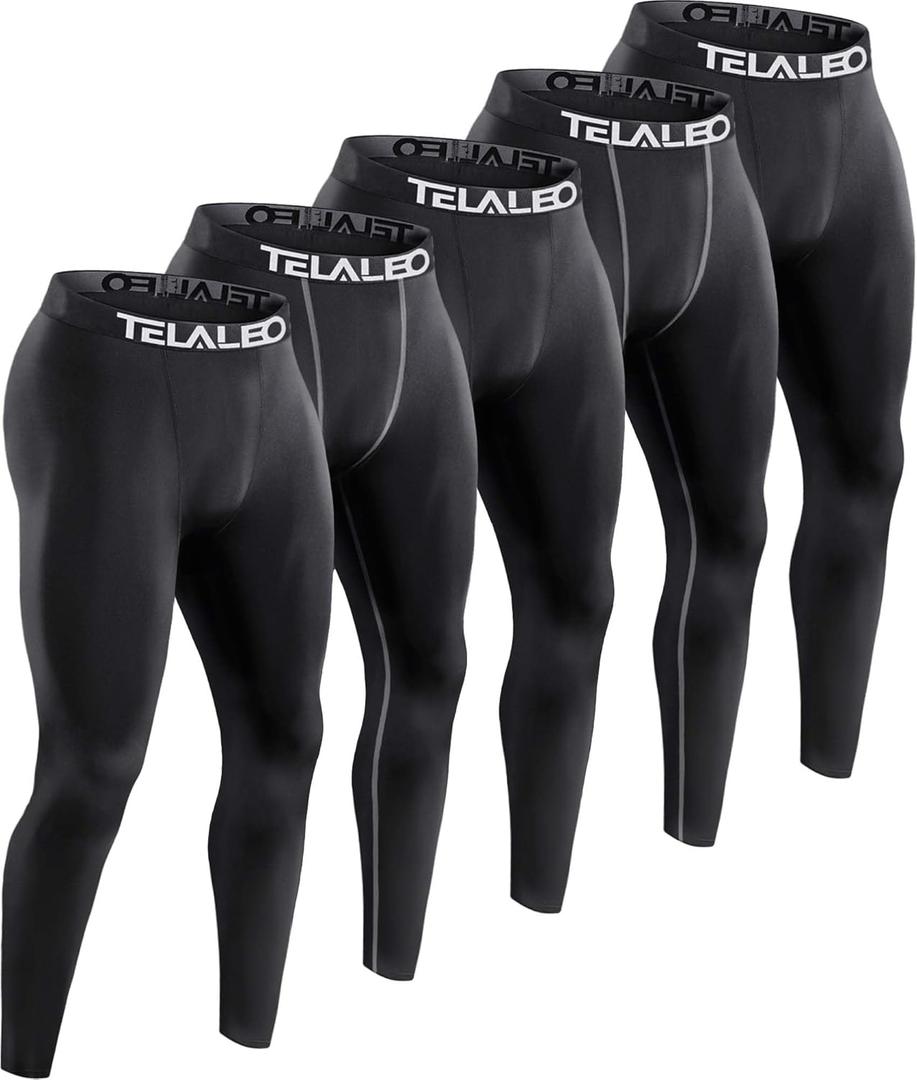 TELALEO 5 Pack Men's Compression Pants for Workout, Running,Basketball,Football-Sports Baselayer Leggings (X-Large, Black(five Pack))