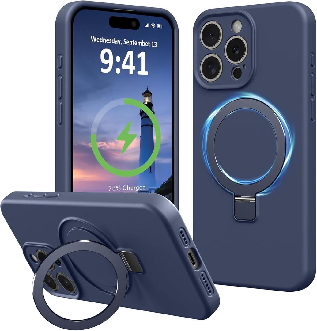 Compatible with iPhone 15 Pro Case Stand, Full Camera Protection Slim Liquid Silicone Phone Cases Fit for iPhone 15 Pro Compatible with MagSafe Magnetic Ring Kickstand Case 6.1", Dark Blue
