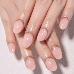 2 x evpct Nude Pink French Press on Nails Short Oval, Short Gold Foil Stick on Nails for Women Gift,Nude Pink Glossy Fake Nail Reusable Soft Gel Press on Acrylic Fake Nail kit with Gold Line Design