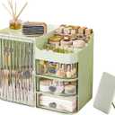 DASITON Makeup Organizer for Vanity,Large Capacity Makeup Storage Organizer with 3-Layer Drawers and Mirror,Cosmetics Display Case Make up Organizers for Vanity,Bedroom,Countertop(Green)