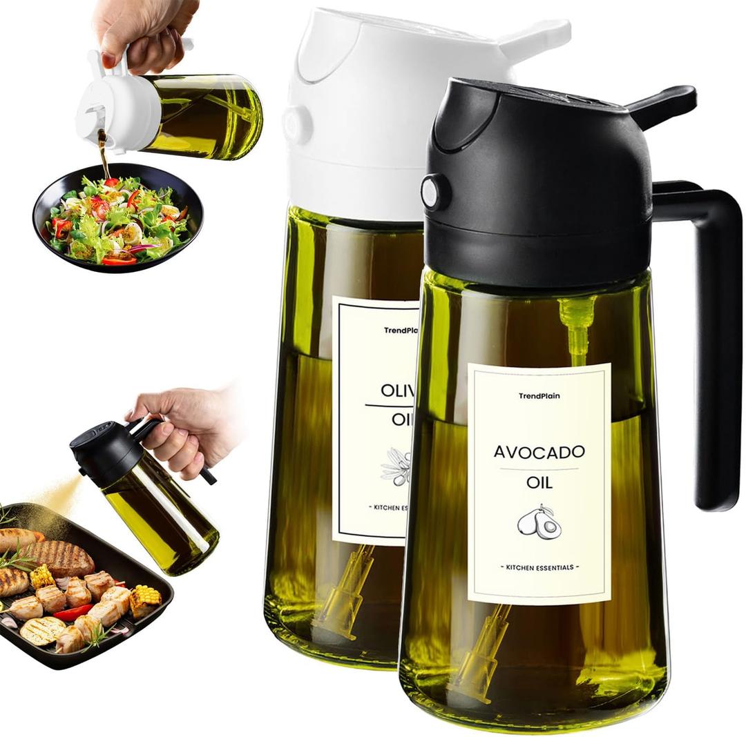 TrendPlain - Original 16oz/470ml Olive Oil Dispenser Bottle for Kitchen Gadgets and Air Fryer Accessories - Olive Oil Sprayer for Cooking w/Stickers - Black & White
