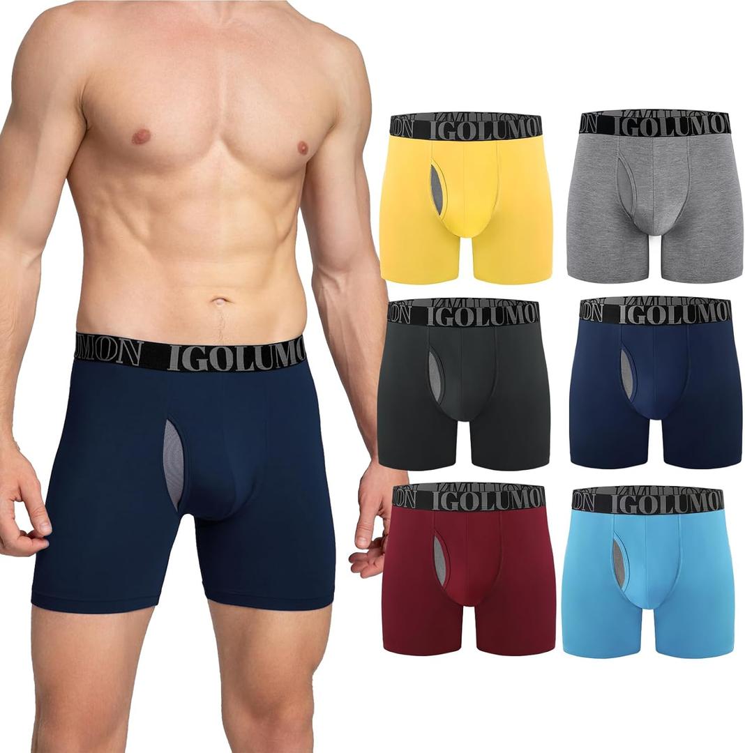 IGOLUMON Mens Underwear Boxer Briefs 6-Pack Breathable Bamboo Rayon Soft Boxer for Men with Fly Underwear Trunks (Medium, 1*grey+1*dark Grey+1*blue+1*navy+1*red+1*yellow)