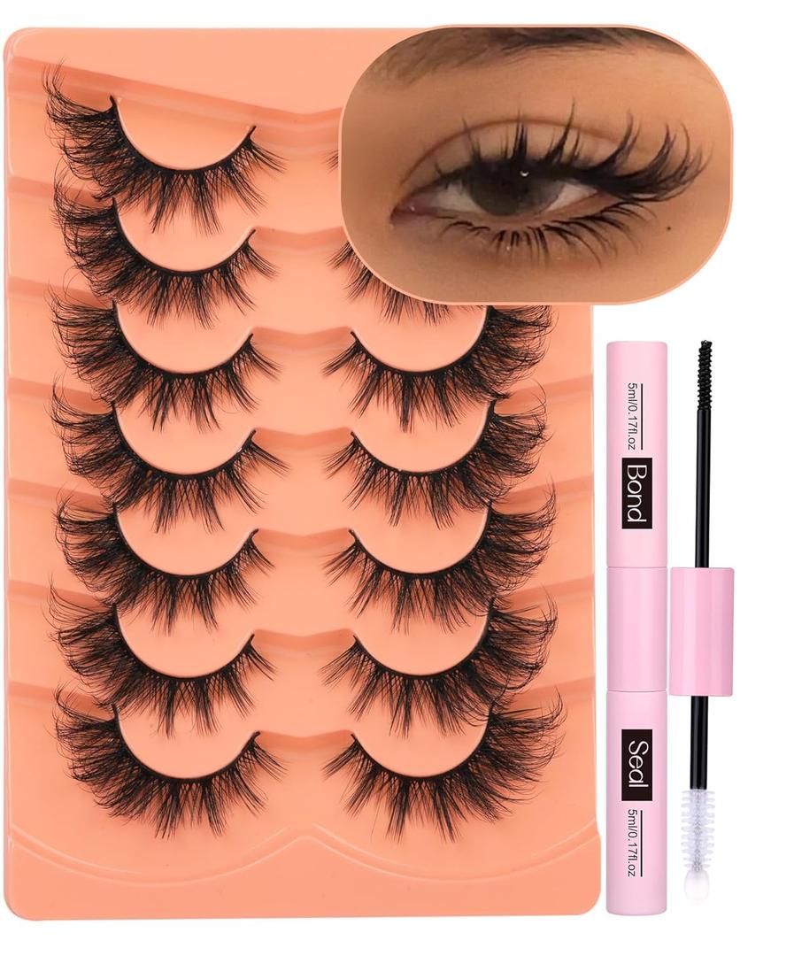 ALICROWN Mink Lashes Cat Eye Fairy Eyelashes Fuzzy Full False Eyelashes Wispy Fake Eyelashes Fox Eye Lashes Kit with Lash Bond and Seal 7 Pairs