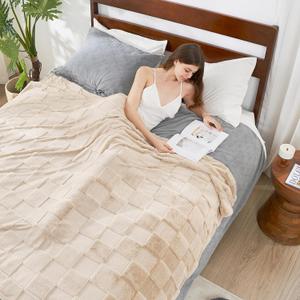 Cozy Bliss Checkered Faux Rabbit Fur Blanket King Size for Bed, Soft Fuzzy Blankets for Women Men, Large Furry Fleece Throw for Bedroom Decor (Tan, 108" x 90")