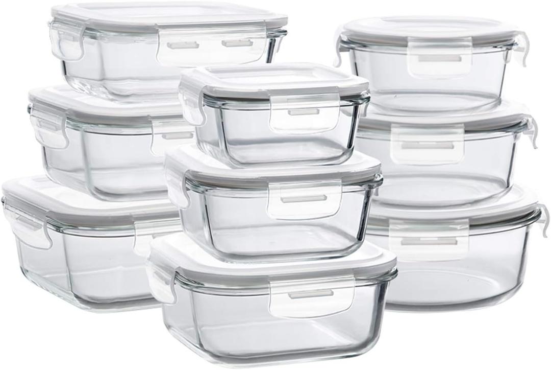 Bayco Glass Storage Containers with Lids, 9 Sets, Meal Prep Airtight Food Storage Containers for Food Storage with Lids - Leak Proof (11 Ounce-35 Ounce 9 Set, White)