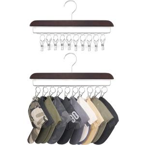 Mkono Hat Hangers for Closet Set of 2 Wooden Hat Organizer Racks for Baseball Caps with 20 Stainless Steel Clips, Baseball Hat Holder for Closet Storage, Fits All Caps, Walnut Color