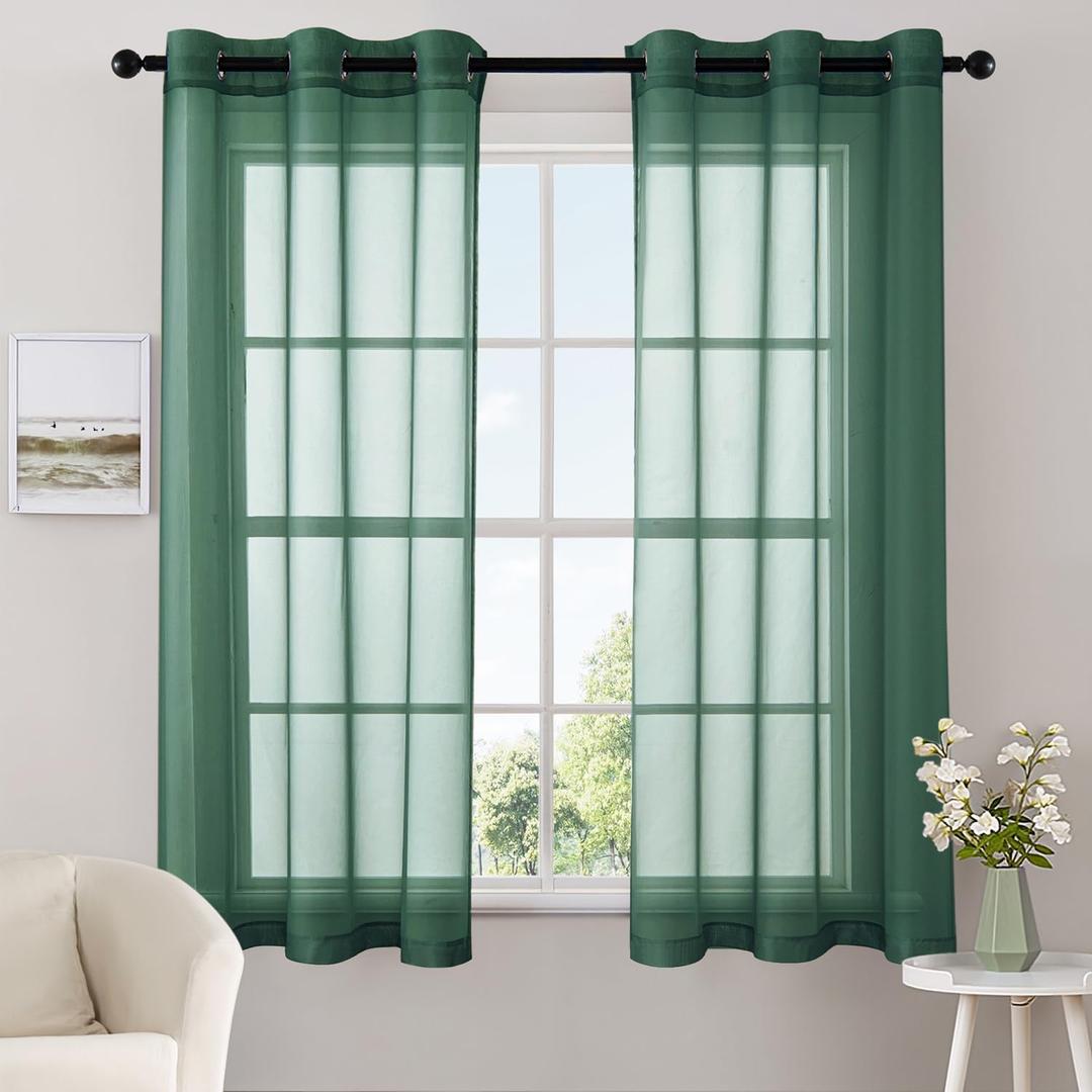 MIULEE Christmas Solid Color Sheer Curtains 63 Inches Long 2 Panels Set Elegant Lightweight Grommet Light Filtering Window Voile Panels/Drapes/Treatment for Bedroom Living Room W42 x L63, Hunter Green