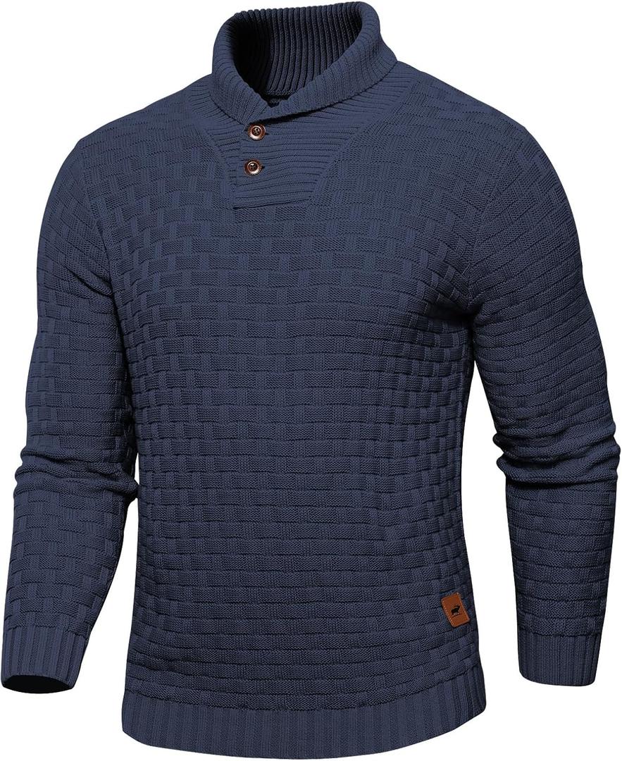 Mens Thermal Pullover Sweaters Long Sleeves Slim Fit Pure Cotton Sweaters Stand Collar Knitted Buttons Winter (Blue, M)