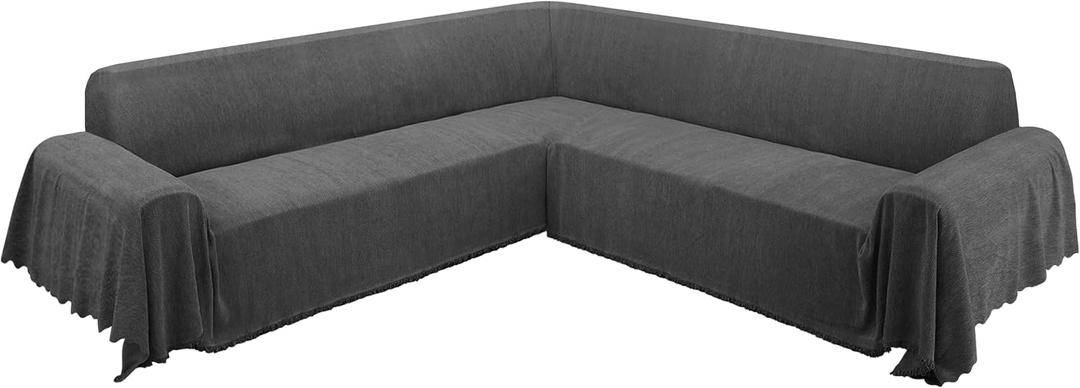 ALIECOM Corner Sectional Couch Covers L Shape Sofa Cover with Tassel Chenille Soft Thick U Shaped Sectional Slipcovers Washable Furniture Protector for Pets Dogs Cats (Dark Grey, 91x275 Inch)