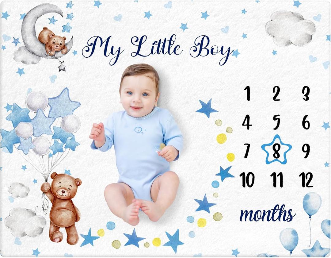 Mindsoft Sleeping Bear Monthly Baby Milestone Blanket Bear Star Balloon Flannel Blanket Boy Newborn Infant Swaddle Growth Baby Frame for Boys Girls Nursery (Blue)