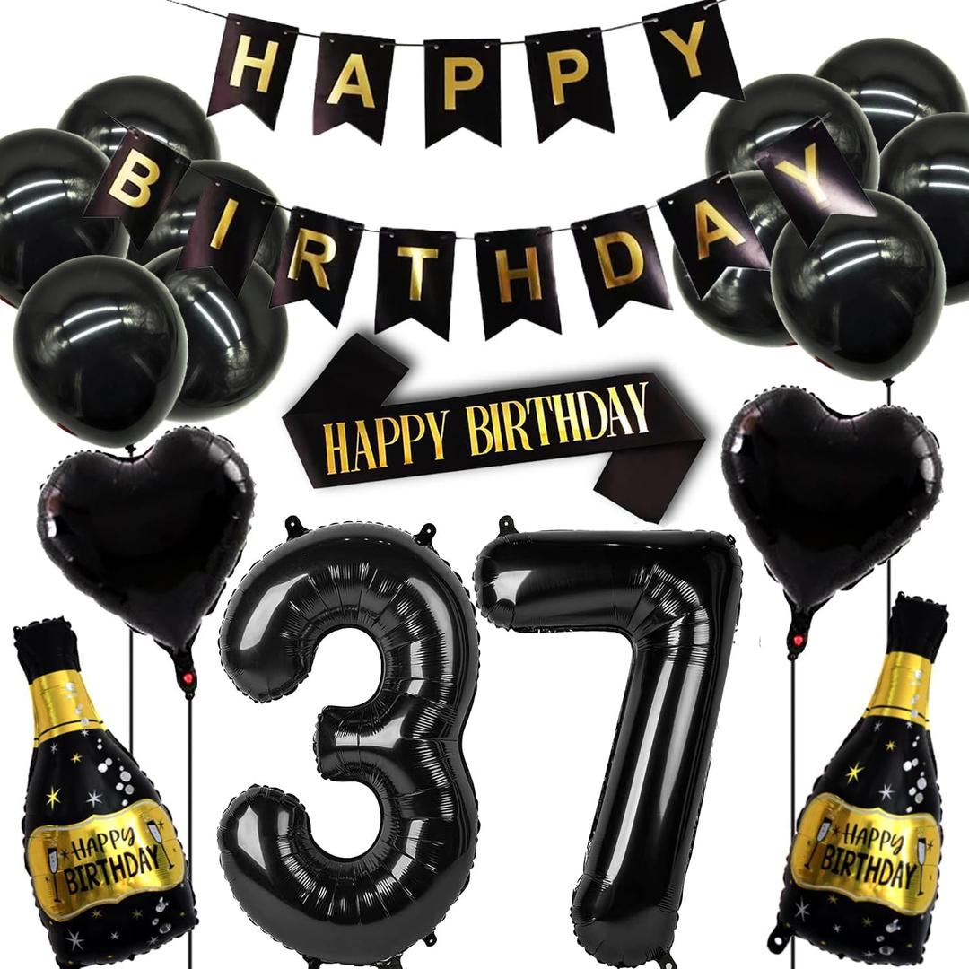 37th Birthday Decorations Set Women and Men, Black Gold 37 Birthday Decoration Balloon, 37th Birthday Party Supplies Including Birthday Banner, Shoulder Strap and Wine Bottle Balloon