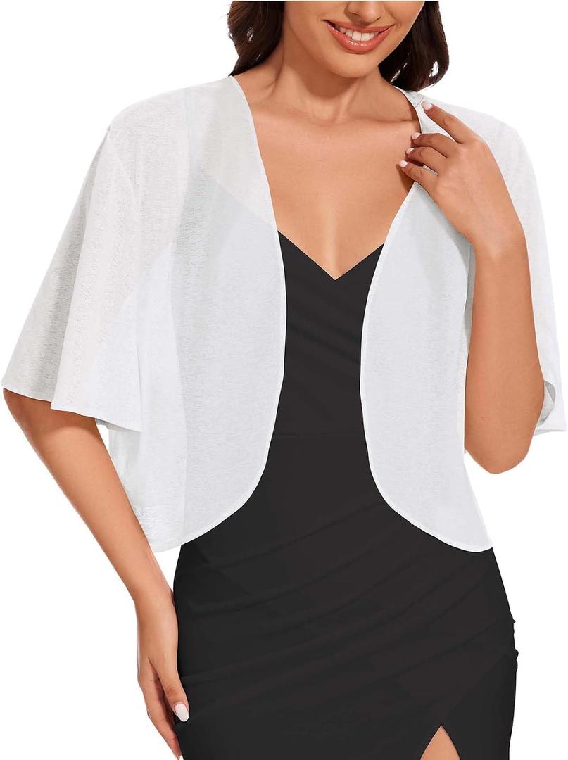 Women Bolero Shrug Cardigan Open Front Cover Up Sheer Short Sleeve Kimonos for Evening Dress (White, XXL)