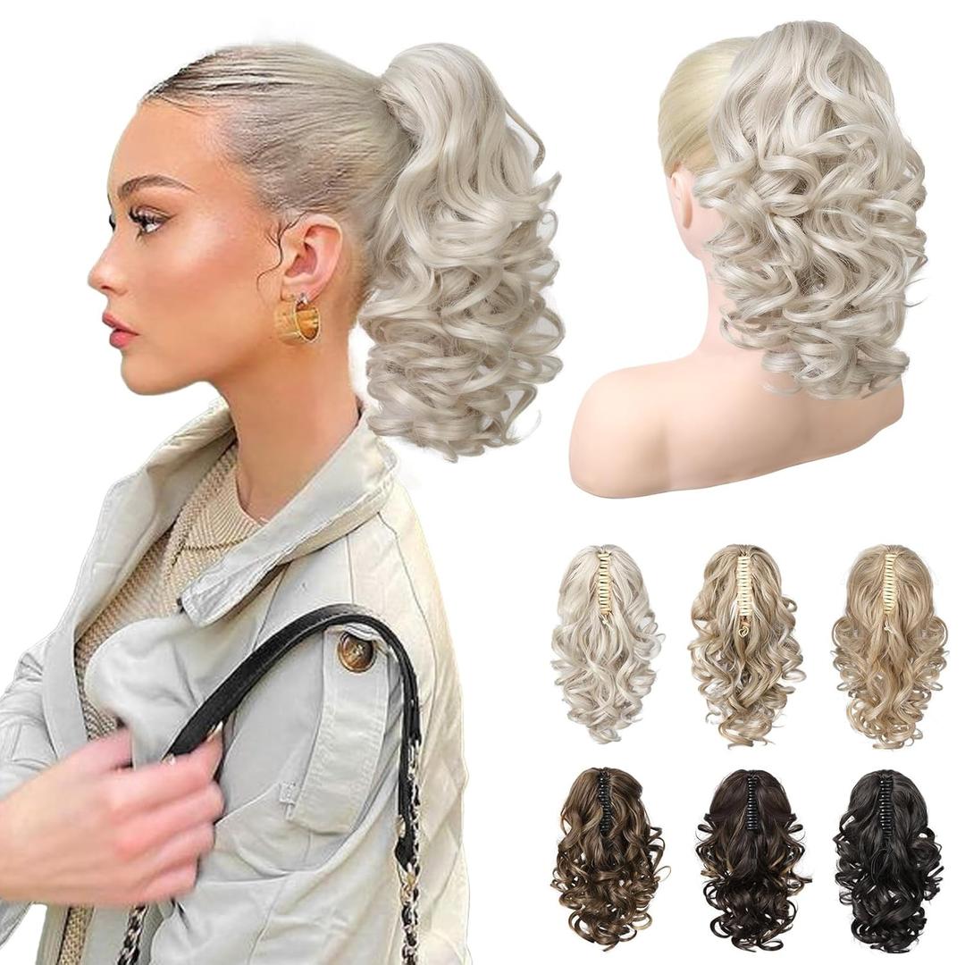 REECHO 12" Ponytail Extension, Classic Loose Curly Wavy Claw Clip Pony tails Hair Extensions Hairpieces for Women - Platinum Blonde