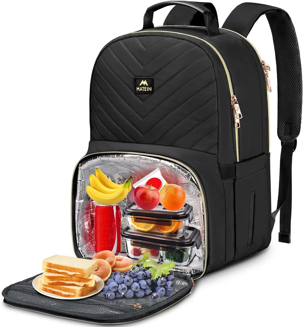 MATEIN Work Backpack with Lunch Compartment, Insulated Quilted Lunch Backpack for Women, Water Resistant Lunchbox Back Pack for Nurse, 15.6 Inch Teacher Work Bag for Office Business Commuting, Black