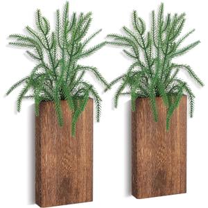 Pinkunn 2 Pack Christmas Wall Decor Artificial Norfolk Pine Branches with Wood Planter Farmhouse Wall Hanging Decor Xmas Art Fake Greenery for Bathroom Indoor Outdoor Home Decoration