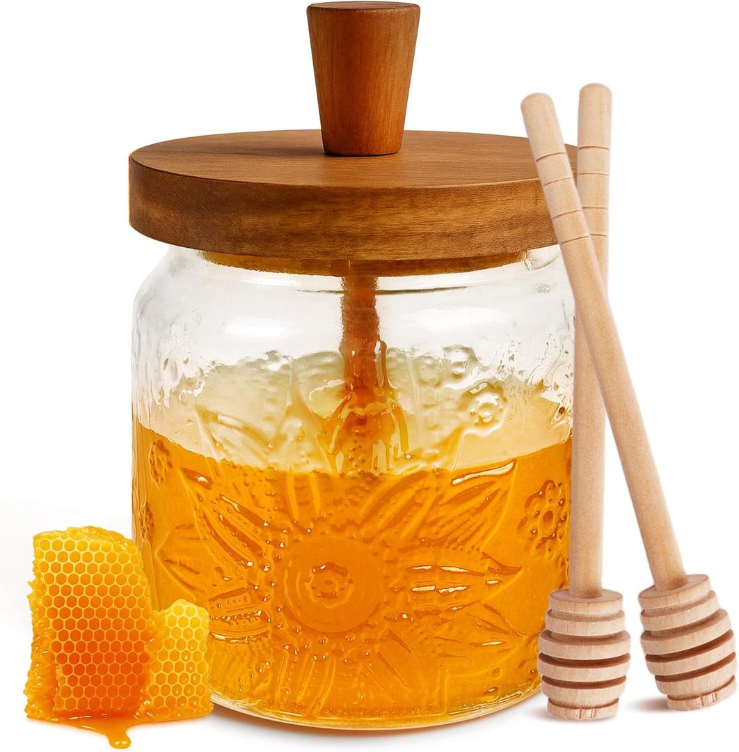 Loscarol Honey Jar with Dipper and Lid - Bohemian Vintage Glass Honey Pot with Wooden Honey Dippers Stick Set, Wide Mouth Honey Containers - Airtight Storage Syrup Dispenser Cute Decorative Jars (Sunflowers)