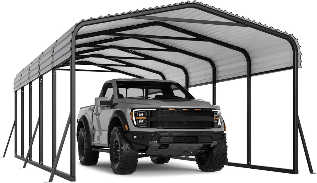 12x24 ft Metal Carport Kits with Galvanized Steel Roof, Heavy Duty Metal Roof Carport with Enhanced Base, Tall MetalCarport Kits Garage for Tractors, Pickup, Boat, Car