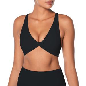 Sunzel Women's V-Neck Twist Sports Bra Low Impact with Removable Pads Cross Backless Straps Going Out Casual Padded Bralette (Black)