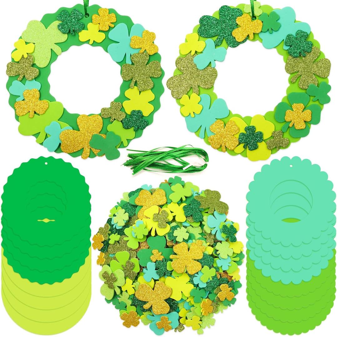 WorldBazaar St. Patricks Day Foam Wreath Craft Kits 16 Pack DIY Shamrock Foam Stickers Ornament Green Classroom Activities for Kids St Patrick Day Hanging Door Decor Arts Crafts Decoration