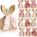 Affrolling 24 Set Boho Bow Easter Bunny Party Favor Bags DIY Bunny Gift Boxes with Neutral Bow Ribbon and Dried Flowers Rustic Paper Rabbit Ears Treat Bags Bulk for Easter Spring (Pink)