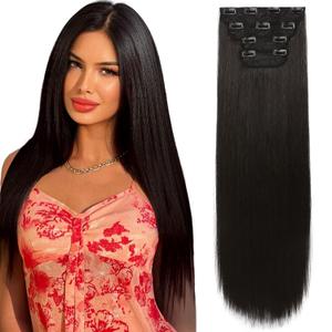 REECHO 28" Straight Super Long 4 PCS Set Thick Clip in on Hair Extensions Black Brown