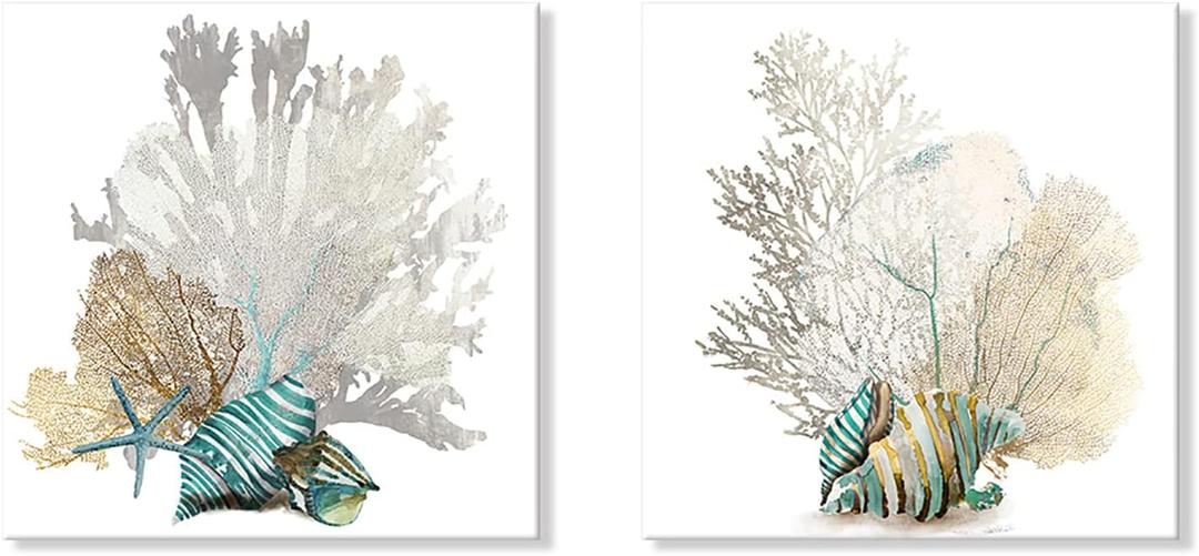 JAPO ART White Coral Wall Art Beach Bathroom Decor Sea Shell Pictures Coastal Wall Decor Sea Fan Nautical Painting Coral Pictures for Livingroom Bedroom Home Walls 16x16Inchx2pcs