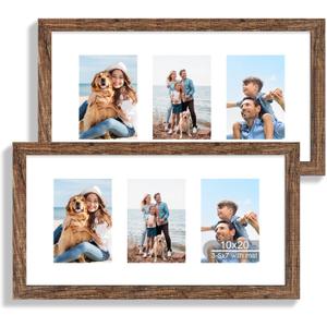Hongkee 10x20 Picture Frame Set of 2, Rustic Brown Wood Frame with Real Glass Collage Frame, Display Pictures Three 5x7 With Mat or 10 x 20 Without Mat - Horizontal or Vertical Wall Mounting, 10x20 in matted to 3-5x7