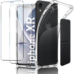 for iPhone XR 6.1-Inch Case, Shockproof TPU Clear Cover with 2 Pack Tempered Glass Screen Protectors & Leather Kickstand (3M Adhesive Mount) for Stand/Horizontal Viewing, Clear