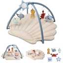 Blissful Diary Shell Baby Play Gym Mat, Softer & Enlarged Tummy Time Mat w 6 Detachable Toys for Sensory & Motor Skill Development, Activity Mat for Newborn Essentials Shower Gift, Boho Ocean Theme
