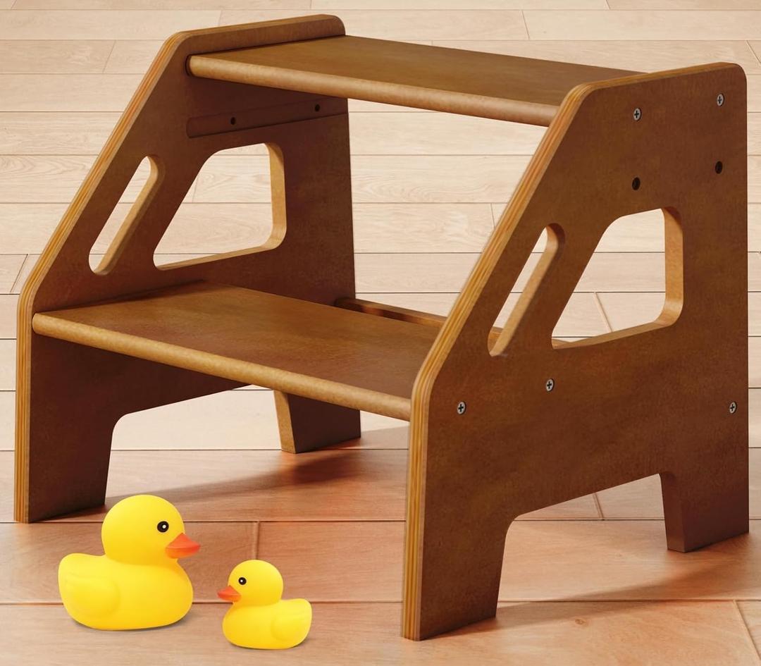 Harwaya Wooden Toddler Step Stool for Bathroom Sink, Dark Wood Kids Toilet 2 Step Stool for Toddlers Potty Training, Baby Child Stepping Stools with Handles for Bedroom Kitchen Counter (Walnut Brown)