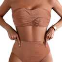 Pink Queen High Waisted Bikini Sets for Women Twist Front Bandeau Top Metal Ring Swimsuits Bathing Suit (L)