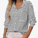 Astylish Women's 2025 Oversized Long Sleeve Shirts Button Up Striped Collared Front Pocket Top
L