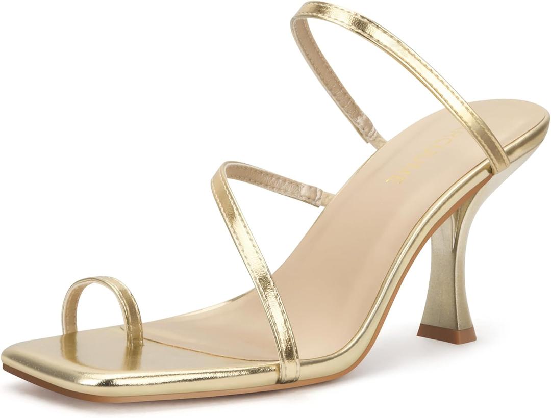 Carcuume Women's Square Toe Heeled Sandals Strappy Kitten Heels (6, Gold Pu)