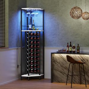 Homeiju Corner Rack with Glass Holder and Led Strip Light, Corner Bar Racks Freestanding Floor, Industrial Corner Bar Cabinet for Kitchen, Dining Room, Living Room or Cellar