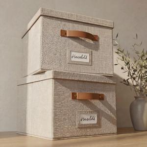 ZICOTO Decorative File Organizer Box Set of 2 - Collapsible Linen Filing Cabinets w/Handles Are Perfect to Store all Your Documents & Hanging File Folders - Portable Easy Slide Crates with Lid