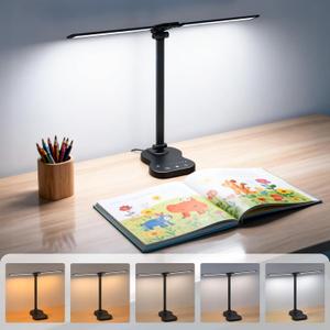 LED Desk Lamp with USB Charging Port, 5 Color Modes 10 Brightness, Dual Swing Arm Dimmable Desk Lamps for Home Office Nail Dorm (Black)