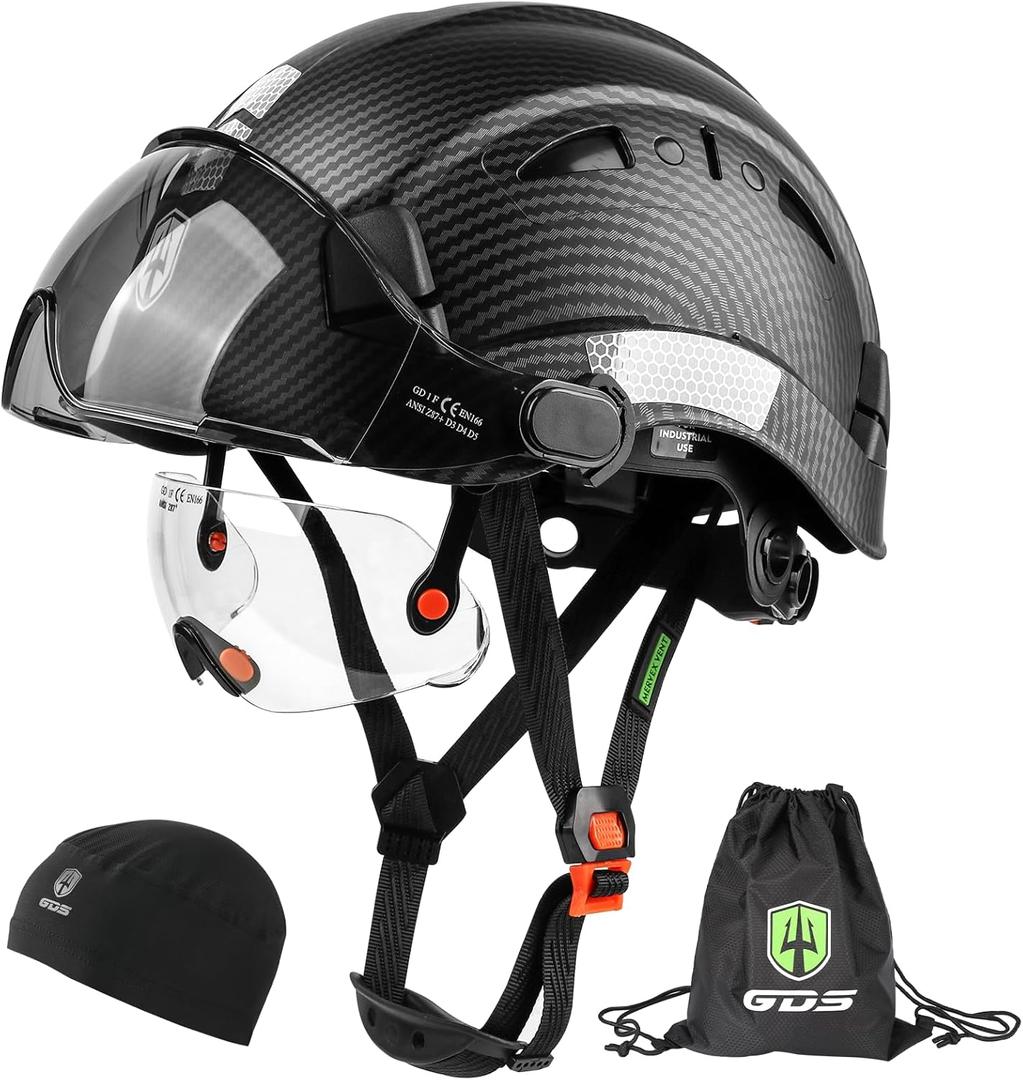 GREEN DEVIL Safety Hard Hat with Tinted & Clear Visor Vented Construction Helmet Cascos de Construccion ABS Work hardhats for Men (Matte Black with Clear built-in visor and Smoke outside Visor), One Size