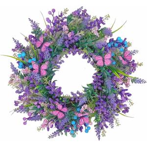 18Inch Purple Lavender Wreath for Front Door,Artificial Blue Purple Berries Paired with Pink Butterflies,Used for Window, Wall, Porch, and Other Indoor and Outdoor Home Decorations (Lavende01)