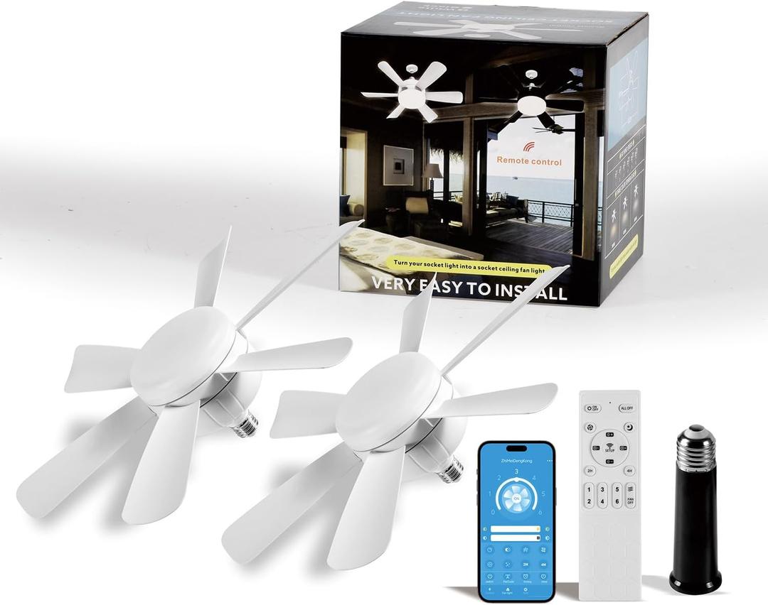 Socket Fan LED Ceiling Lights,18inch APP Control E26 Fans Bulb with Remote & Dimmable LED Ceiling Fan Lights,3Color 3000K-6500K,1800LM Fan Light Bulb Screw in Ceiling (White-2Pack)