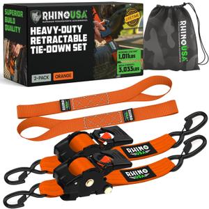 Rhino USA Retractable Ratchet Straps (2-Pack) - 2 Inch x 10 Feet (3,033lb Break Strength) - Heavy Duty Auto Self Retracting Tie Down Straps for Truck, Cargo Trailer, Motorcycle, Rad & More - Orange