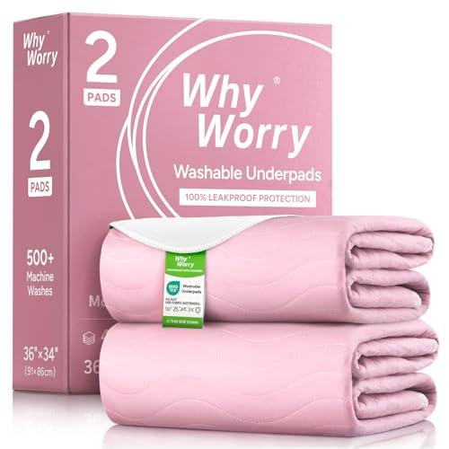 WhyWorry Washable Bed Pads for Adult Incontinence, 34" x 36" (Pack of 2) Washable Pee Pads for Bed Wetting, Heavy Absorbency Reusable Underpads for Elderly & Kids, Waterproof Mattress Protector, Pink