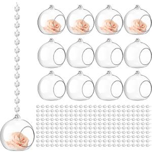 3.15'' Hanging Glass Tealight Holder Globe and Clear K9 Crystal Garland Strands, Hanging Glass Terrarium Containers for Wedding Party Tree Decoration(56 Pcs)