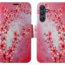 Zase Design for Samsung Galaxy A35 5G Wallet Phone Case Protective Flip Cover Purse Cute Woman Premium PU Leather Folio w/Kickstand ID Card Slot Wrist Strap Magnetic Lock (Pink Cherry Blossom)