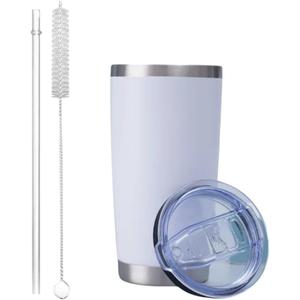 20 oz Stainless Steel Vacuum Insulated Tumbler with double-wall, lid, straw, and straw brush suitable mug for travel, coffee, juice, or water. (White)
