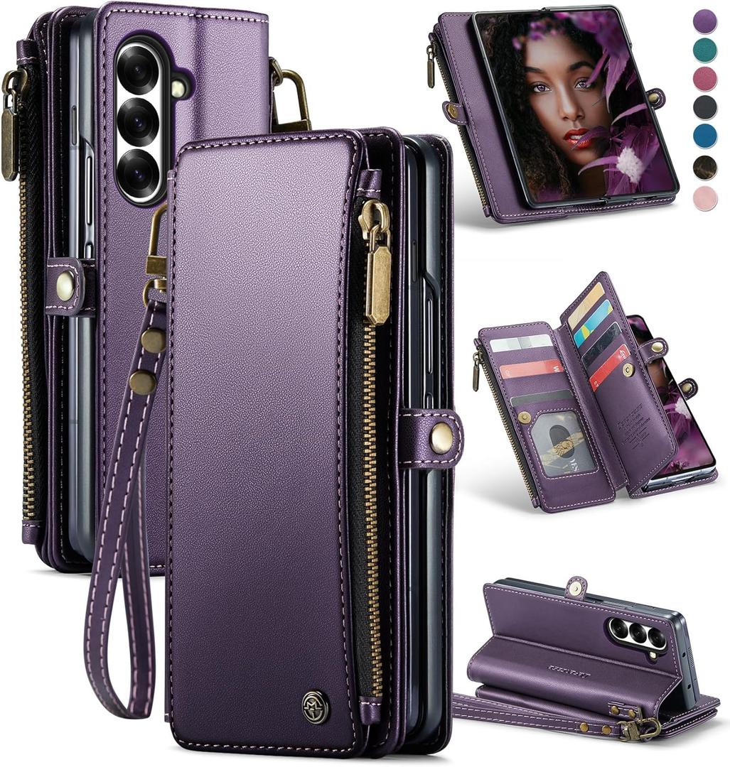 Defencase for Samsung Galaxy Z Fold 7/ Fold7 Wallet Case with RFID Blocking 10-Card Holder, Fashion Soft PU Leather Magnetic Snap Flip Zipper Wrist Strap Phone Case for Galaxy Z Fold 7 5G, Purple