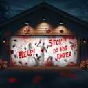 Tioncy Halloween Garage Door Cover 7x16ft Spooky Single Garage Door Banner Scary Ghost & Bloody Handprints Decor with Grommets, Do Not Enter Banner for Outdoor Party Horror Decorations
