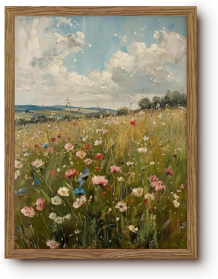 Wildflower Meadow Wall Art, Cottagecore Floral Pictures Wall Decor, Spring Green Botanical Prints, Rustic Country Flower Painting, Neutral Farmhouse Artwork for Gallery Living Room Framed 12x16 Inch